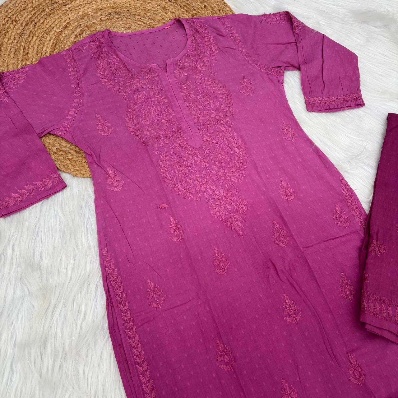 Nuha Dobby cotton Ombre shaded Lucknowi Chikankari Kurti Plazo Set - Wine Colour