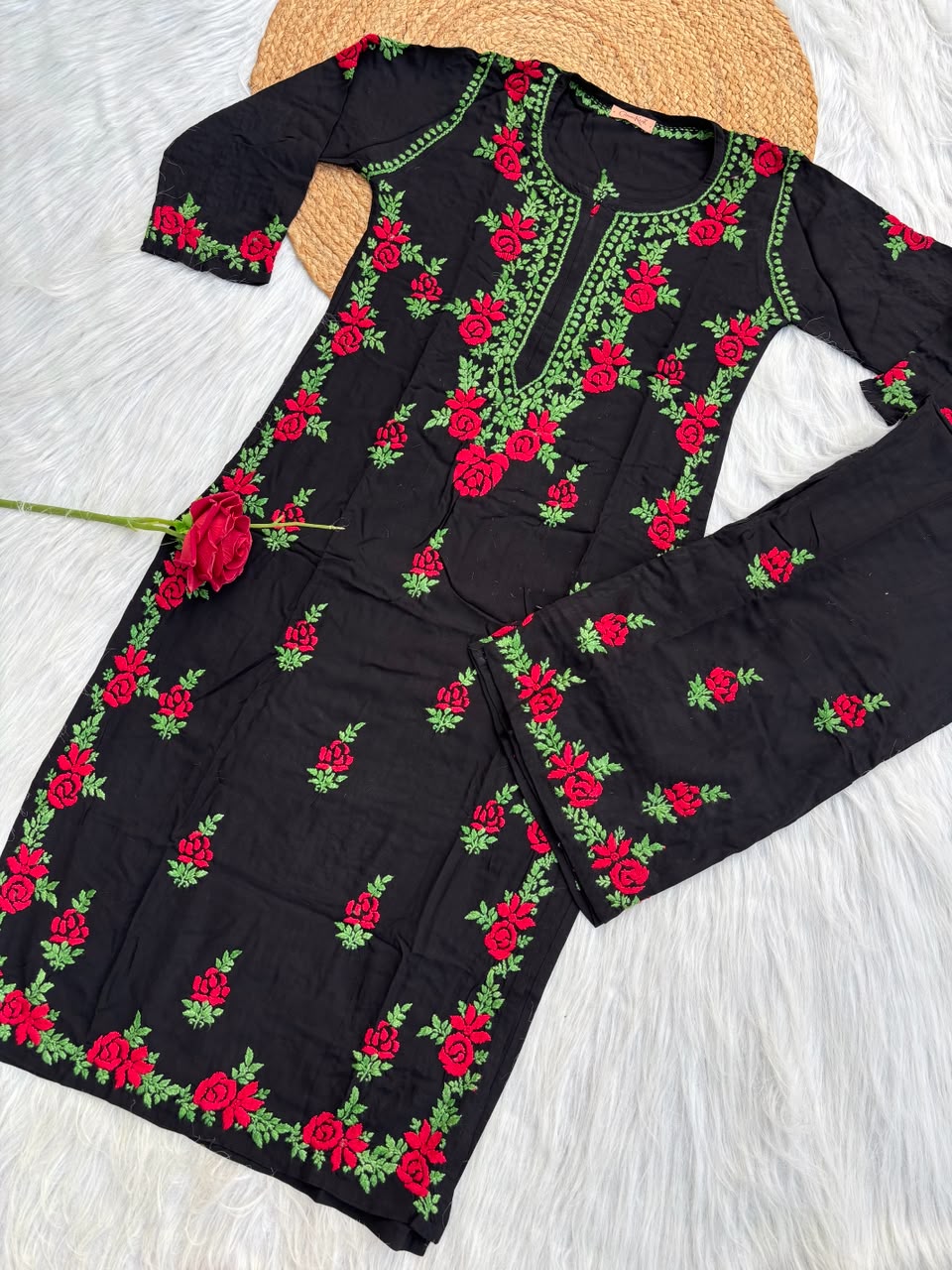 Rayon Handwork Chikankari Kurti Set - Red Colour