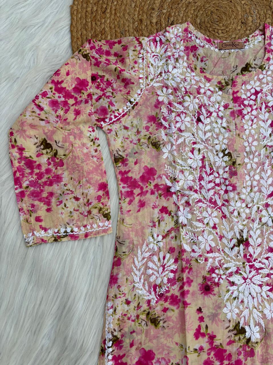 Fatima Pure Mulmul Chikankari  Handwork Kurti - Pink Colour