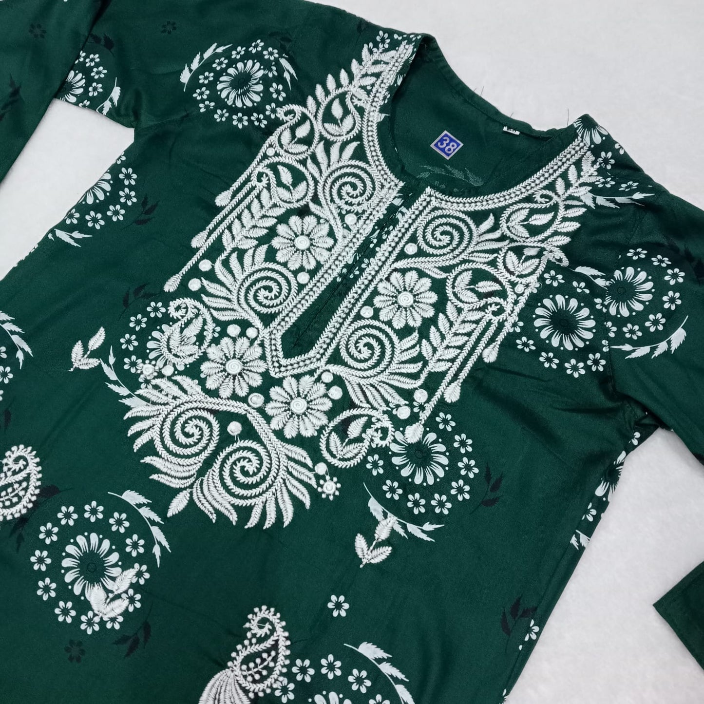 Rayon Chikankari Machine Work Kurti -Dark Green