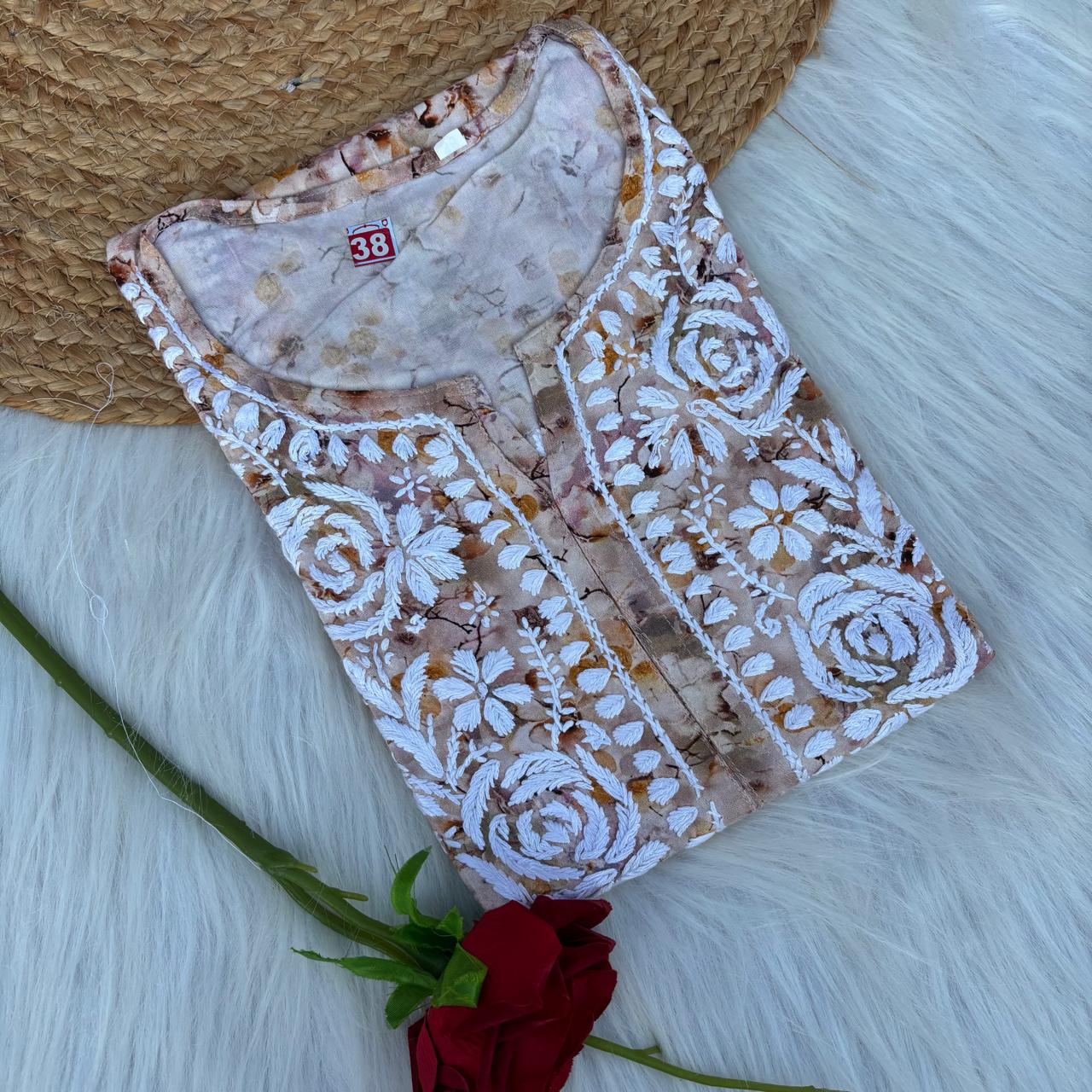 Hina Rayon Rose work Lucknowi Chikankari kurti - Cream Colour