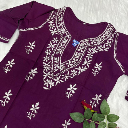 Ziya Pure Cotton Chikankari Short Top- Wine Colour