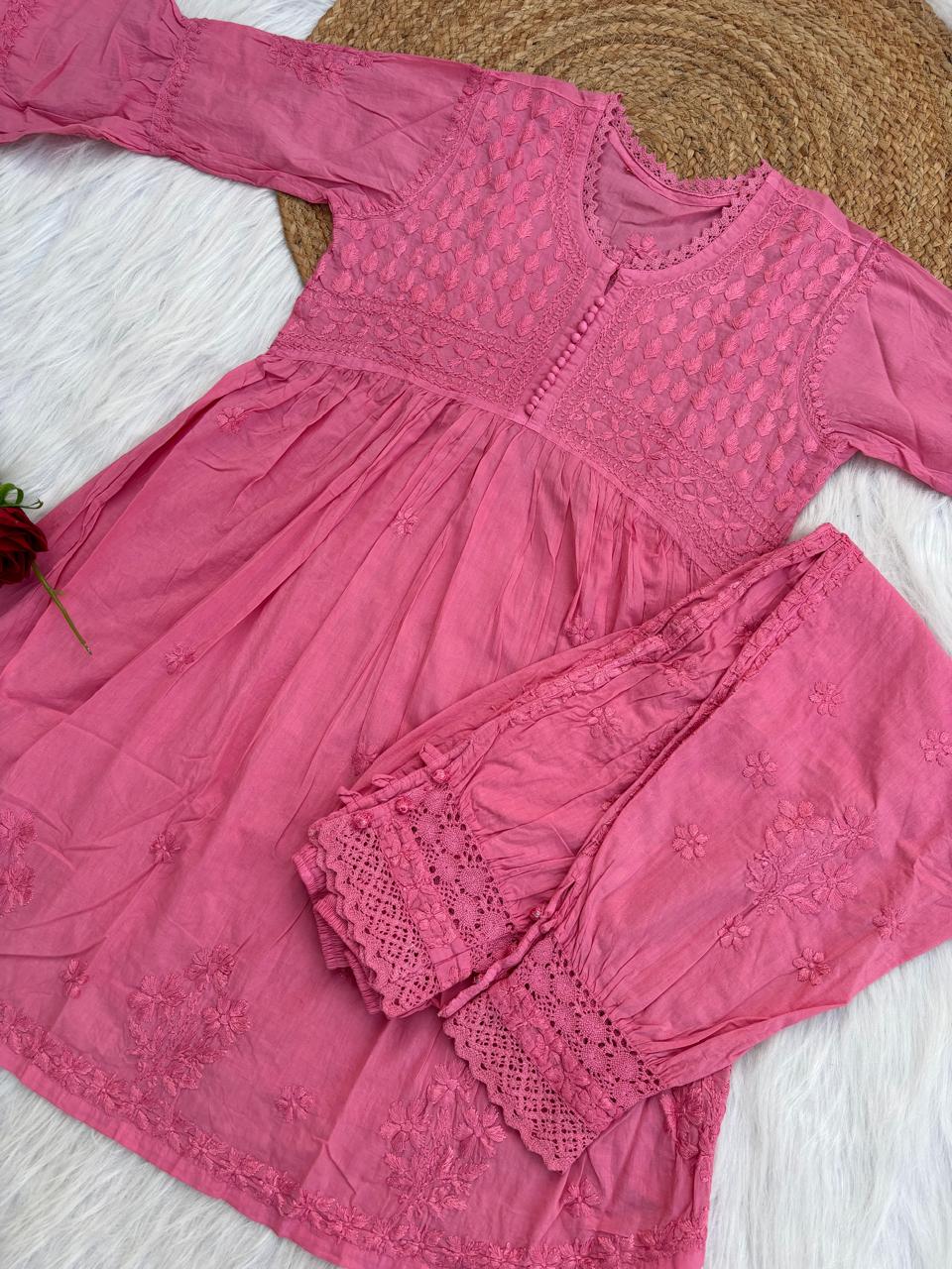 Laila Dobby Cotton Frock Style Short Kurti with Afghani Pant - Gazri Color