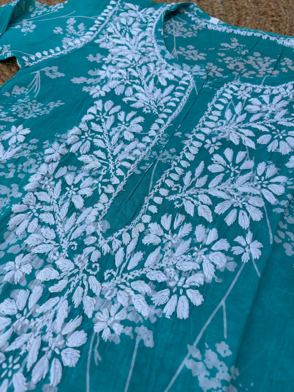 Sidra Pure Mulmul Chikankari Handwork Kurti - Sea Green Colour