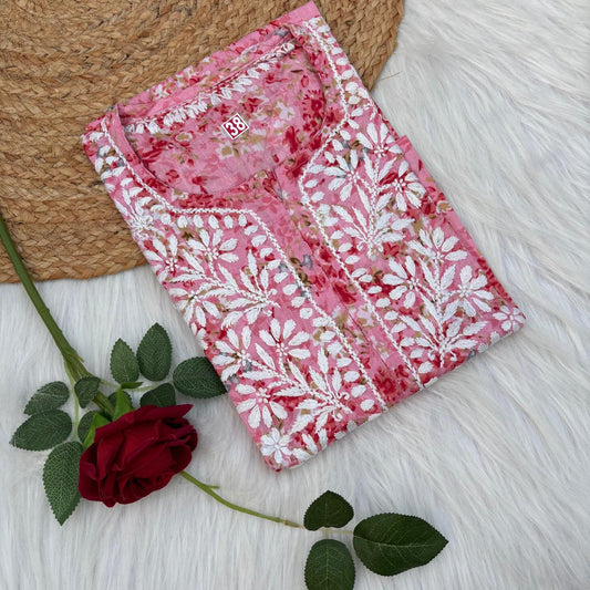 Rania Pure Mulmul Chikankari Handwork Kurti - Pink Colour