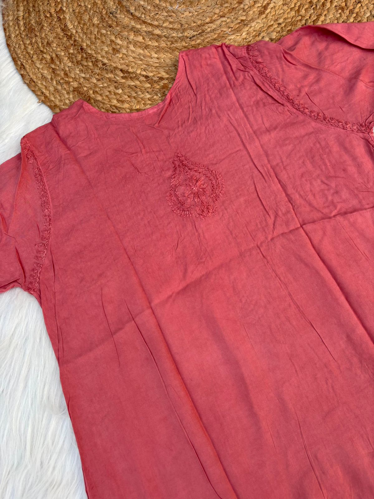 Zimal Dyeable Soft Rayon Chikankari Short Kurti - Gazri Colour
