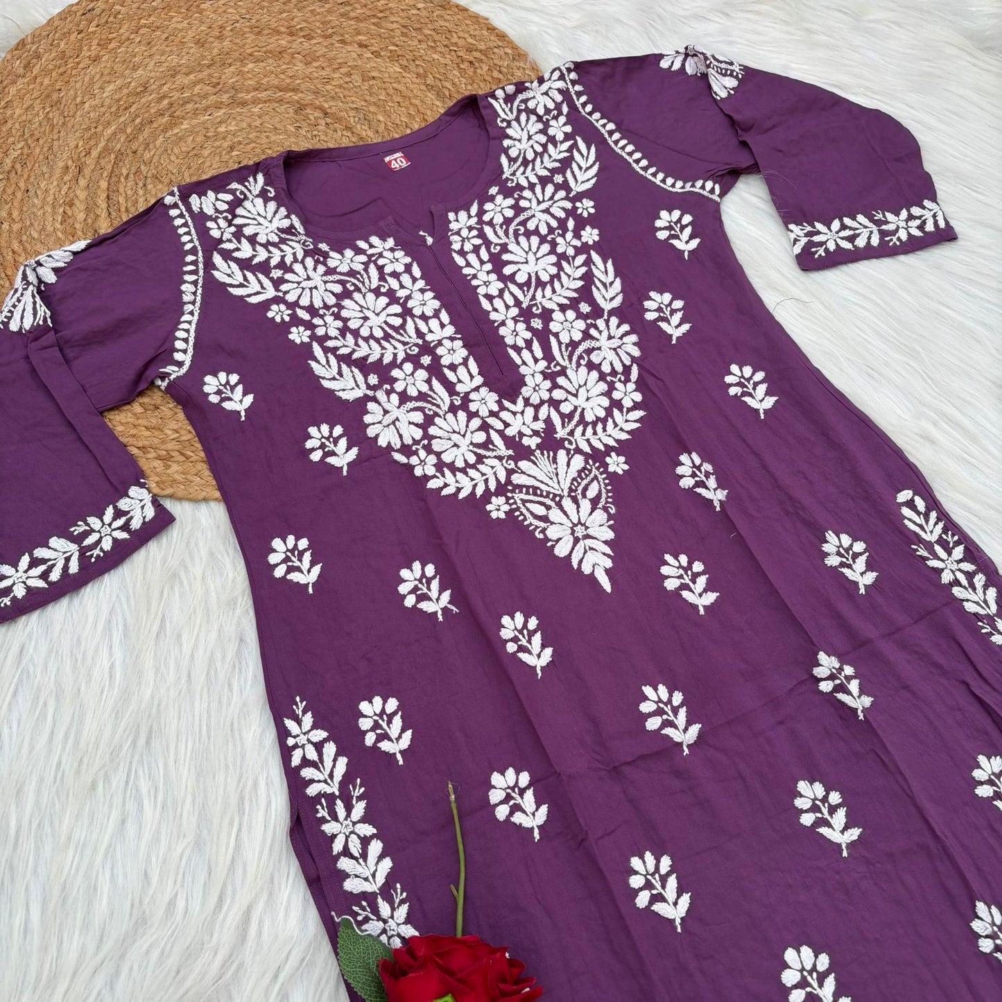 Maysa Soft Rayon Chikankari Kurti - Wine Colour