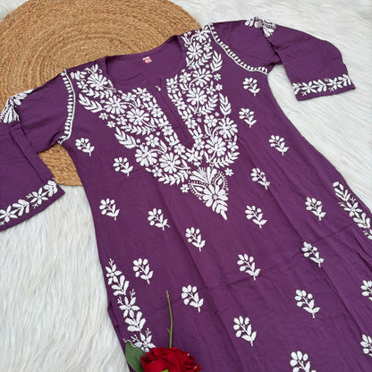 Maysa Soft Rayon Handwork Chikankari Kurti - Mauve Colour