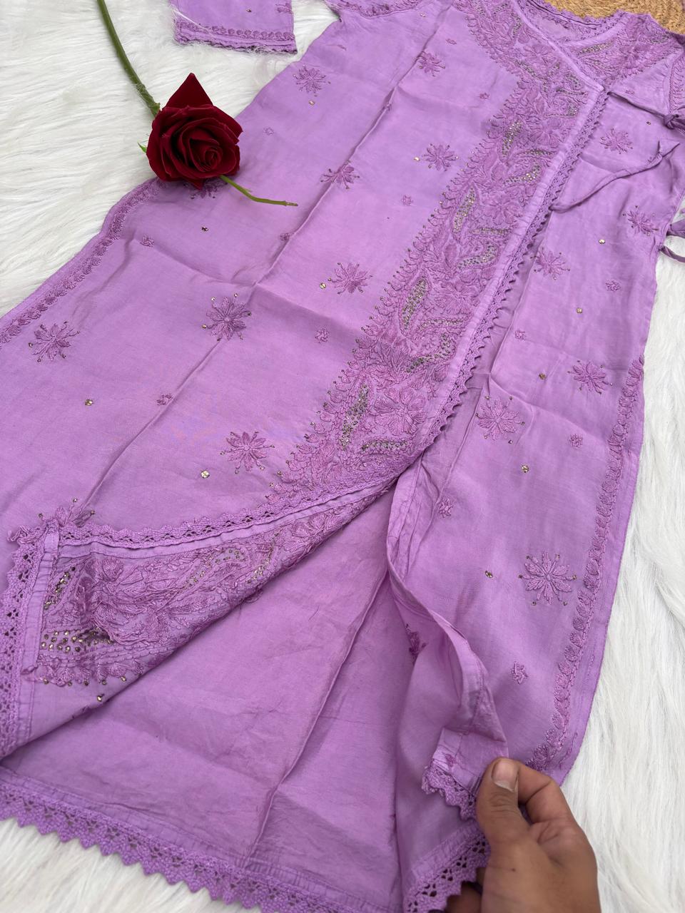 Naaz Chanderi Angrakha style Chikankari Kurti with Mukaish work - Purple Color