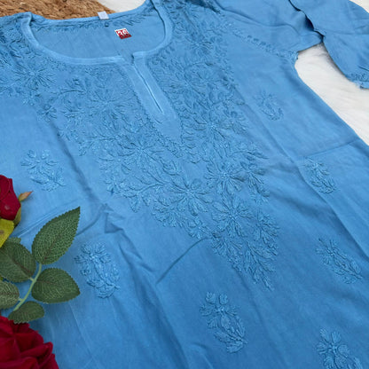 Sofia Ombre Shaded Soft Rayon Chikankari Short Kurti - Sky Blue Colour - Chikankaar
