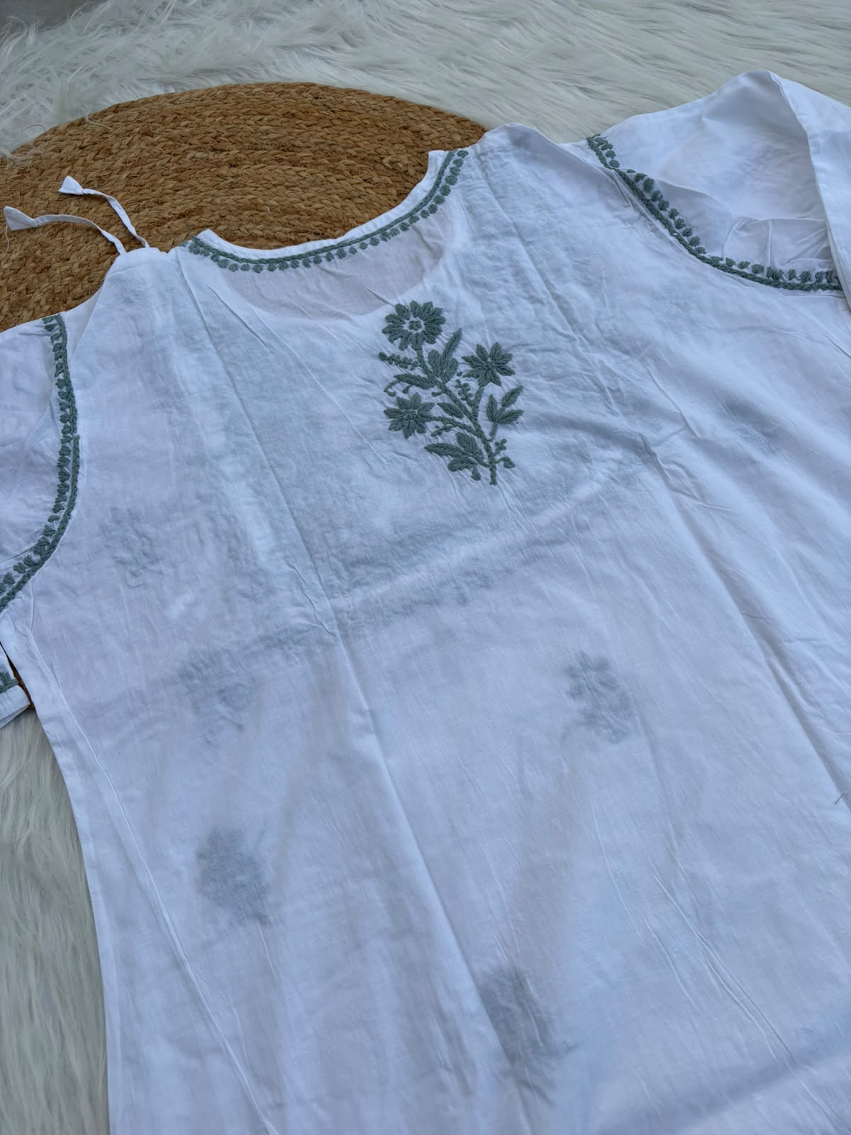 Heer Plus Size Cotton Handwork Chikankari Kurti Set - White Grey