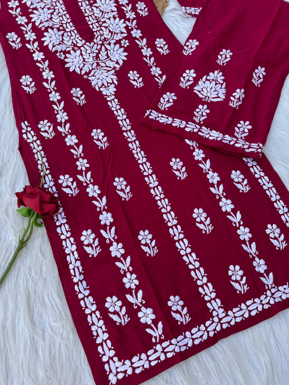 Samara Rayon Handwork Chikankari Kurti Plazo Set - Maroon Colour