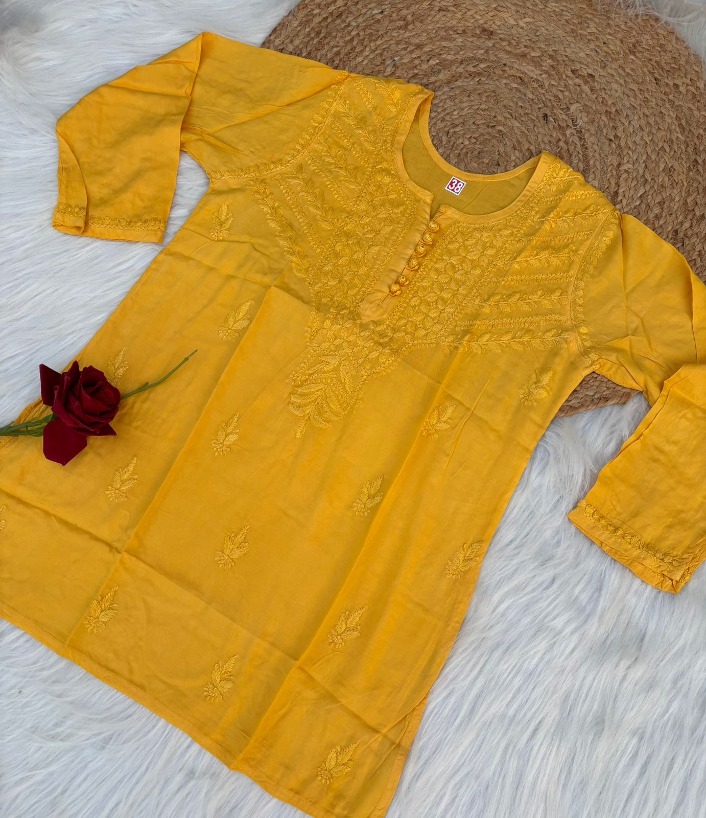 Zimal Dyeable Soft Rayon Chikankari Short Kurti - Yellow Colour