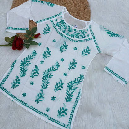 Alia Soft Rayon Chikankari Short Kurti - White Sea Green Color - Chikankaar