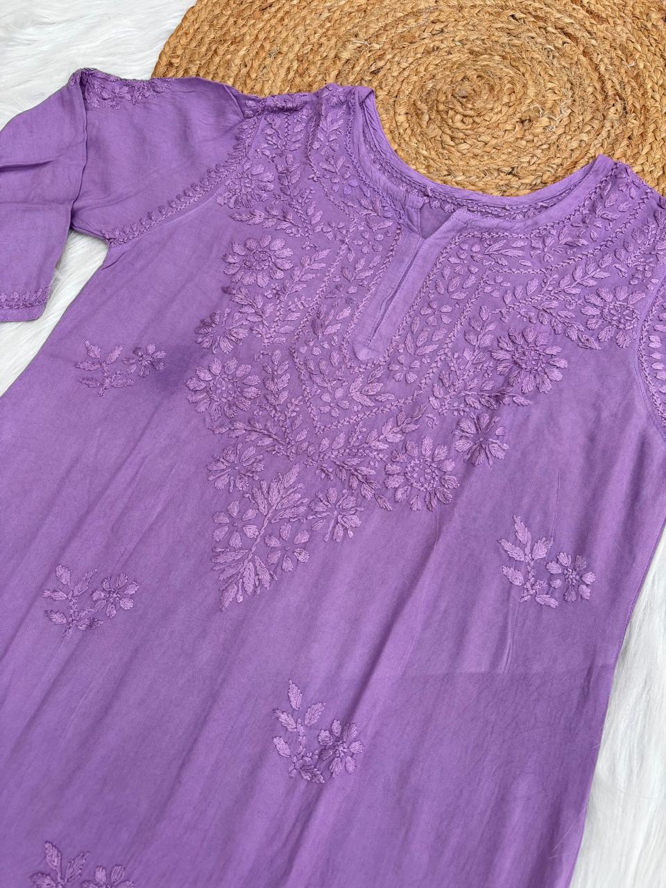 Kiara Dyeable Soft Rayon Handwork Chikankari Kurti - Purple Colour