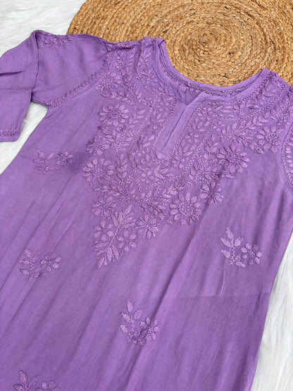Kiara Dyeable Soft Rayon Handwork Chikankari Kurti - Purple Colour