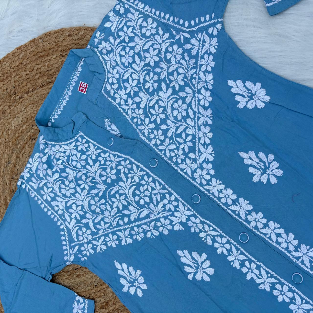 Rihana Rayon Chikankari Short Kurti Plazo Coord Set - Sky Blue  colour