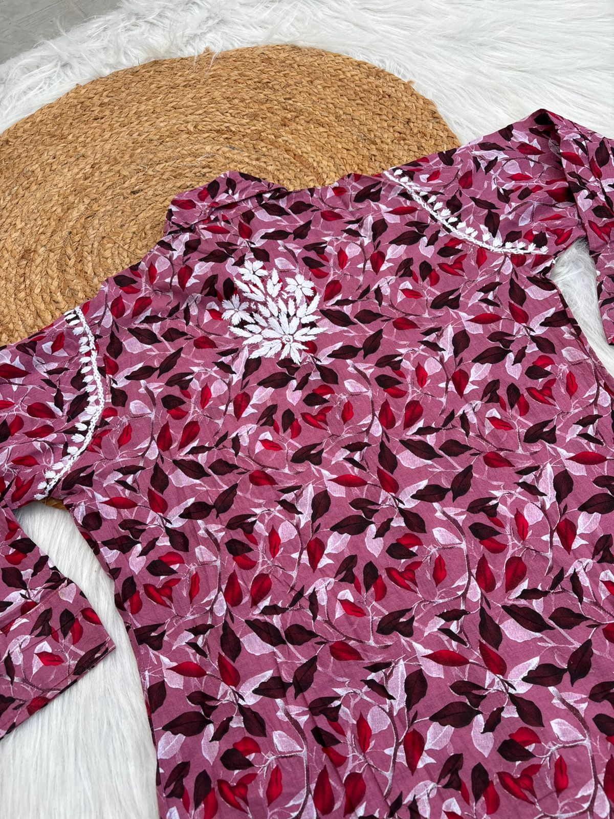 Mulmul Cotton Lucknowi Chikankari Coord Set - Cherry Colour