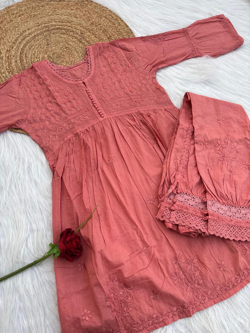 Laila Dobby Cotton Frock Style Short Kurti with Afghani Pant - Peach Color
