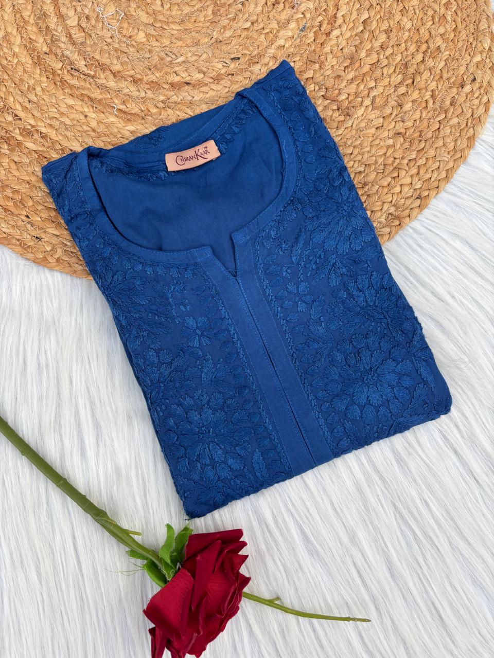 Rabab Dyeable Soft Rayon Handwork Chikankari Kurti - Blue Colour