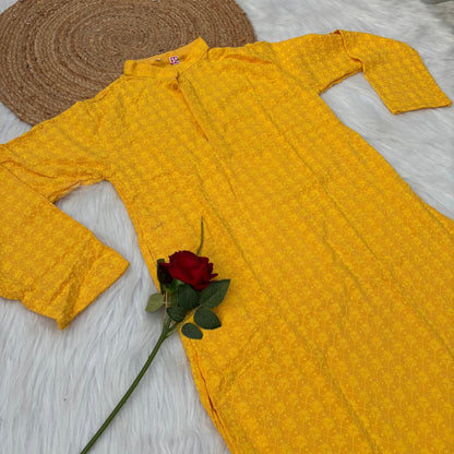 Ayaan Mens Cotton Chikankari Kurta - Yellow colour