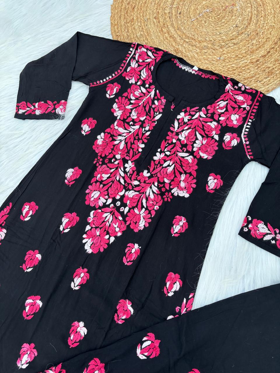 Rida Rayon Handwork Chikankari Kurti Set - Pink Colour