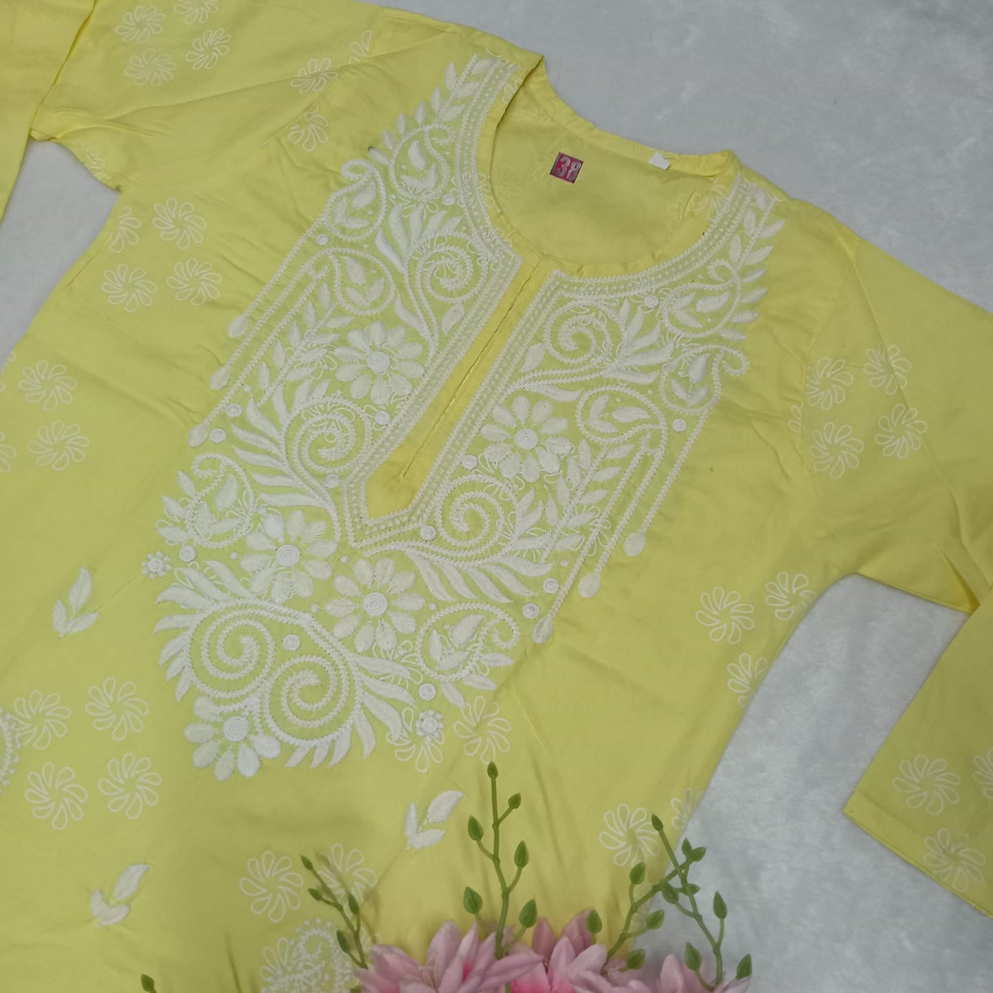 RAYON CHIKANKARI MACHINE WORK KURTI -YELLOW COLOUR