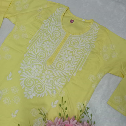 RAYON CHIKANKARI MACHINE WORK KURTI -YELLOW COLOUR