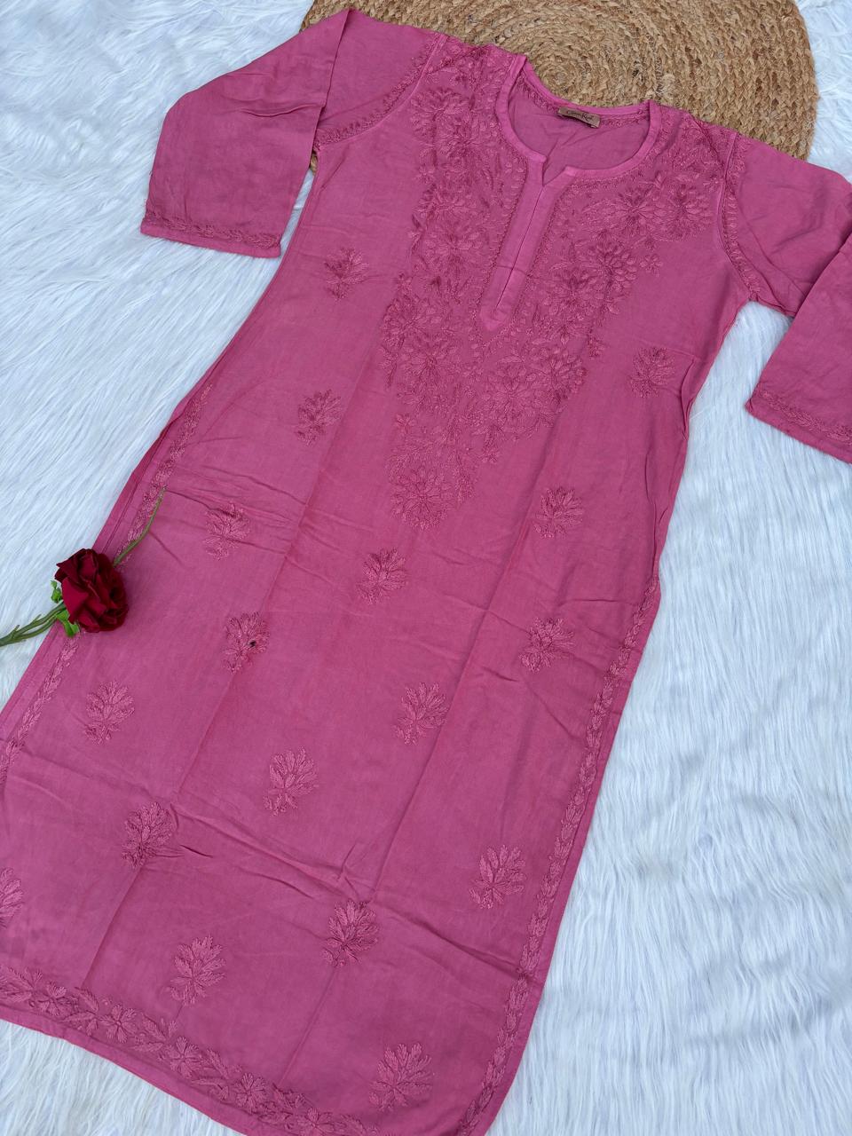 Rabab Dyeable Soft Rayon Handwork Chikankari Kurti - Mauve Pink Colour
