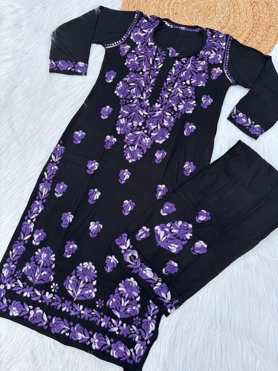 Rida Rayon Handwork Chikankari Kurti Set - Purple Colour