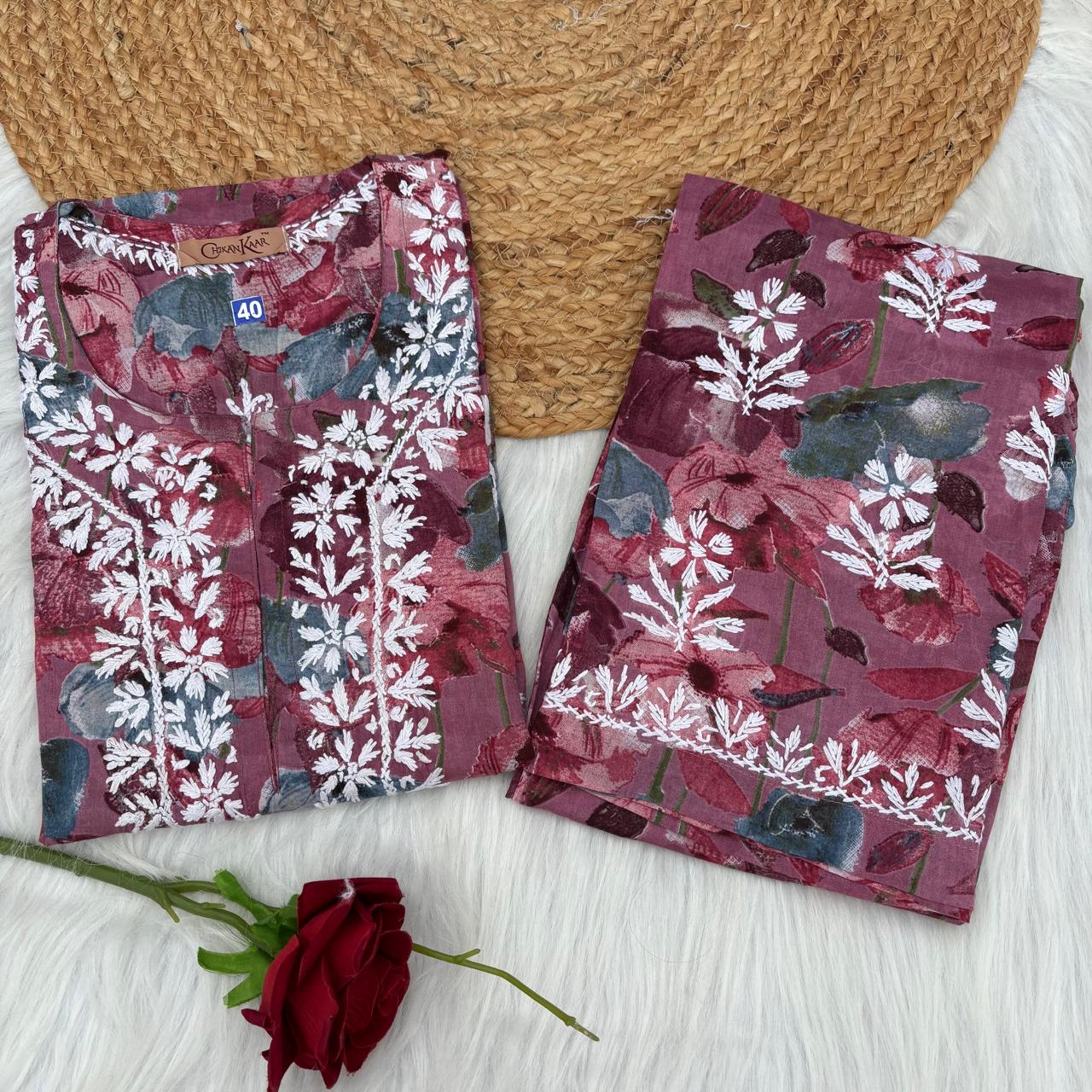 Jameela Mulmul Cotton Chikankari Kurti Set - Mauve Colour