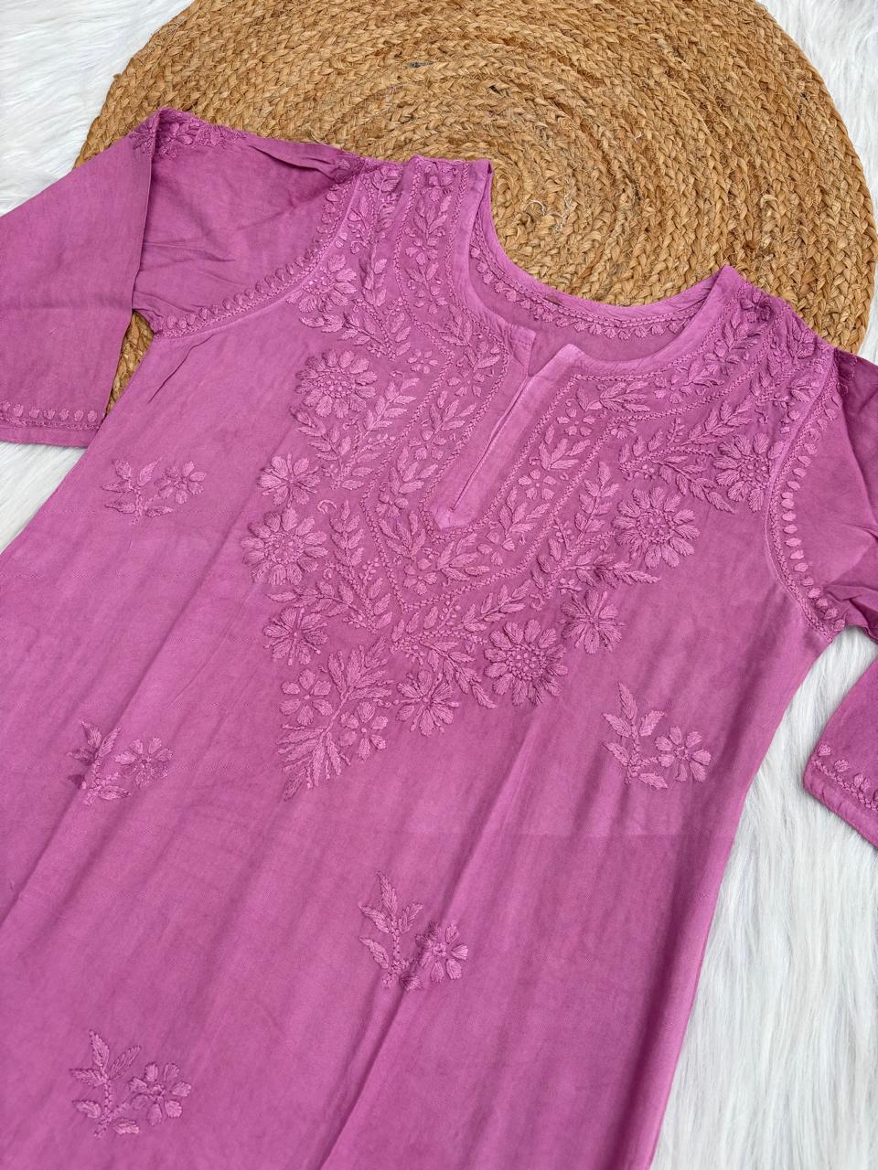 Kiara Dyeable Soft Rayon Handwork Chikankari Kurti - Mauve Colour