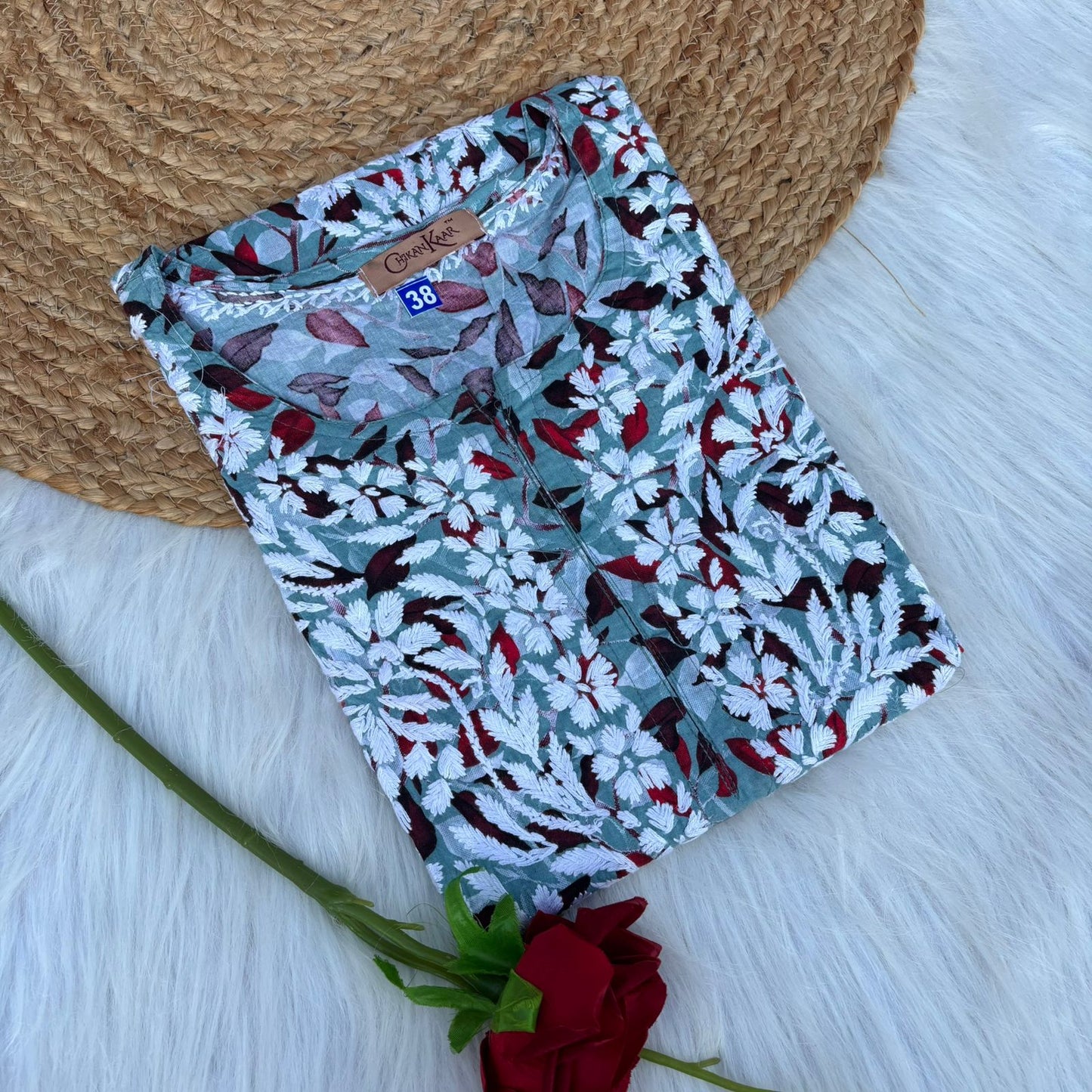 Emaya Pure Mulmul Chikankari  Handwork Kurti - Muted Blue Colour