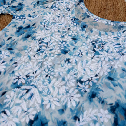 Amara Pure Mulmul Chikankari  Handwork Kurti -Blue Colour