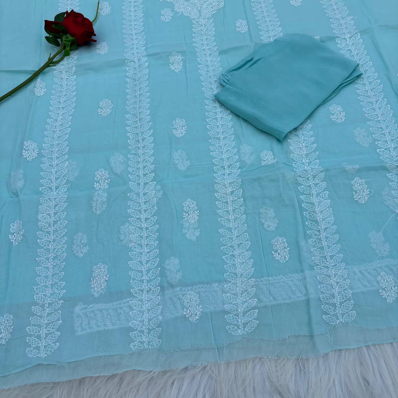 Madhuri Voile Cotton Chikankari Unstitched 3 pc set - Blue Colour
