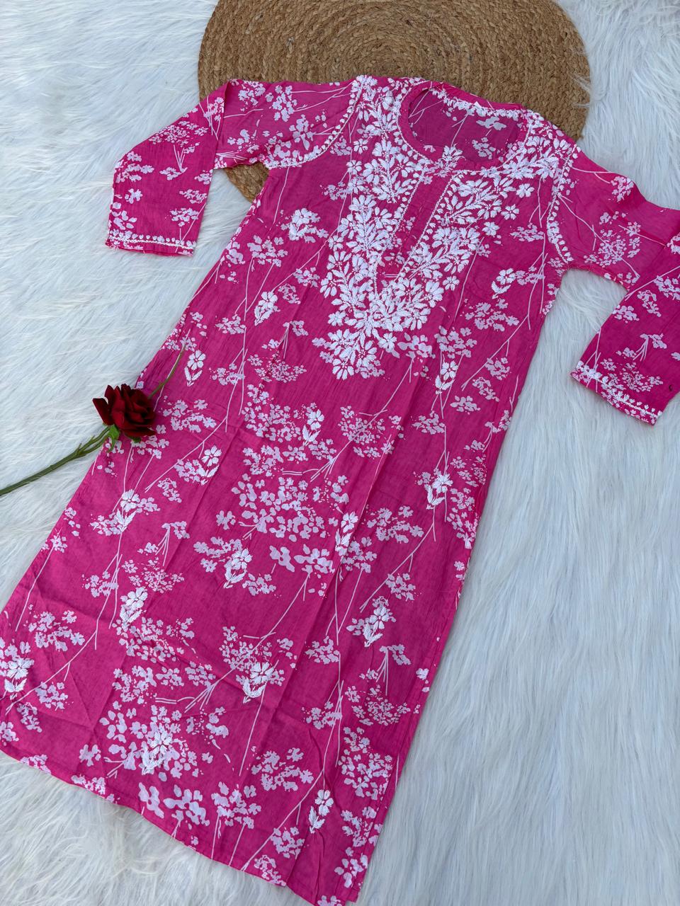 Sidra Pure Mulmul Chikankari Handwork Kurti - Pink Colour