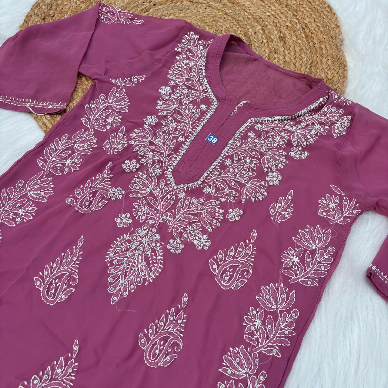 Stone Work Georgette Chikankari Kurti -Mauve Colour