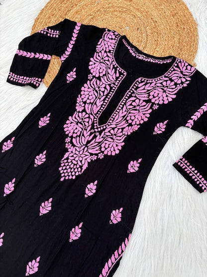 Shifa Soft Rayon Lucknowi Chikankari Kurti - Black Pink Color