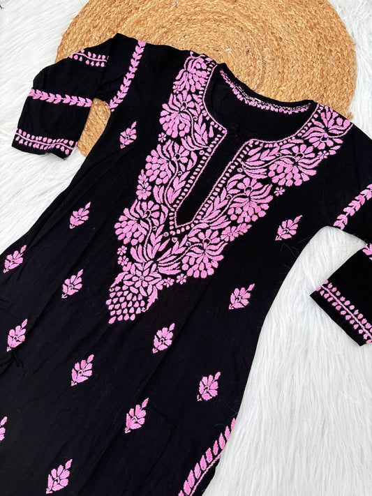 Shifa Soft Rayon Lucknowi Chikankari Kurti - Black Pink Color