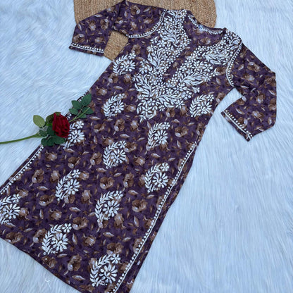 Sana Pure Mulmul Chikankari  Handwork Kurti - Purple Colour