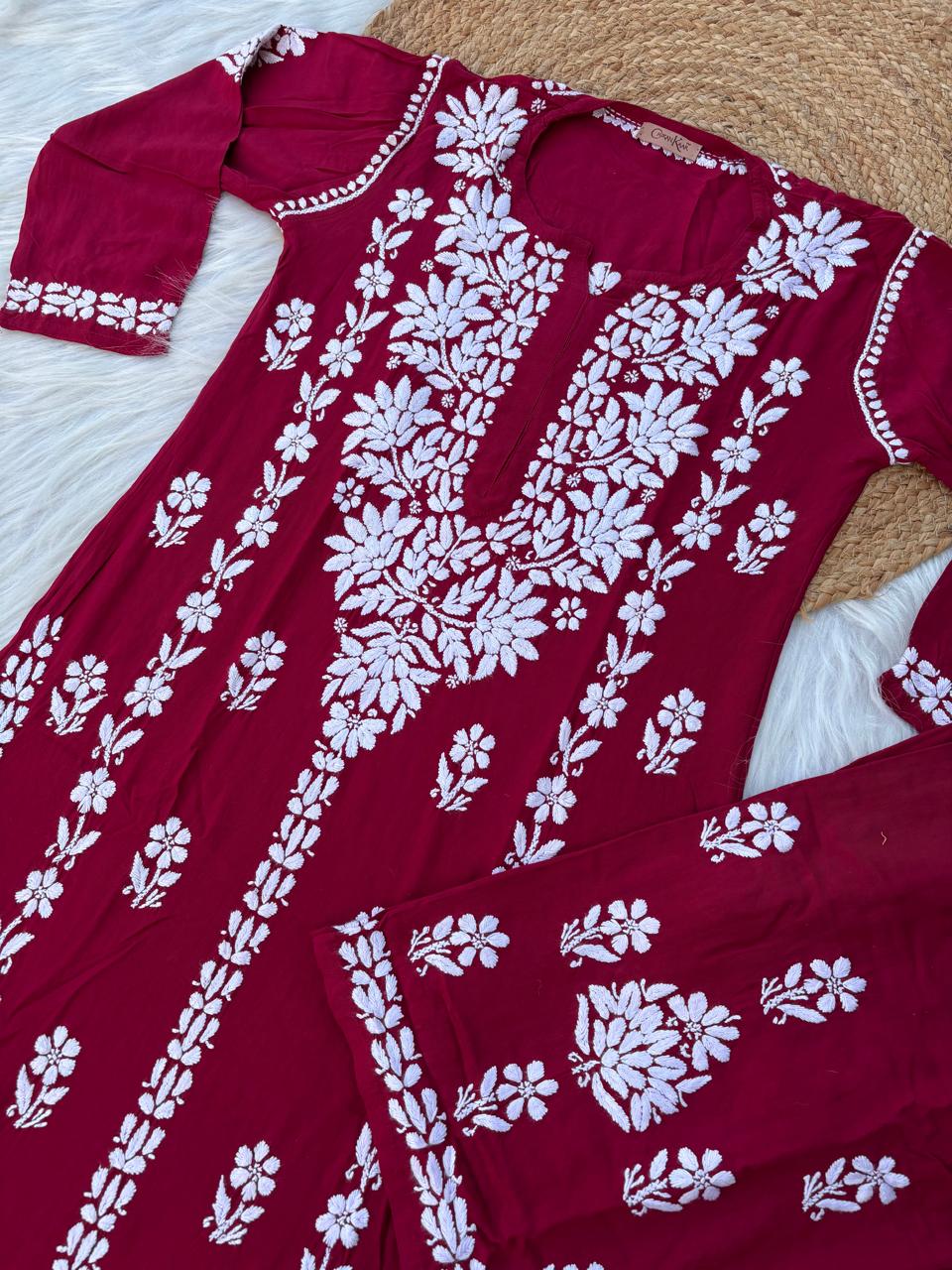 Samara Rayon Handwork Chikankari Kurti Plazo Set - Maroon Colour