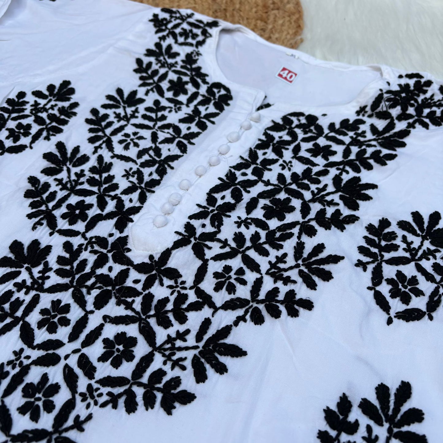 Amira Soft Rayon Chikankari Kurti - Black  on White Color