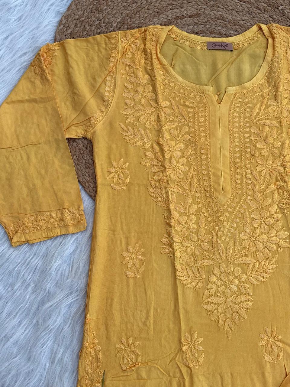 Azra Soft Rayon Dyeable Handwork Chikankari kurti Set - Yellow Colour