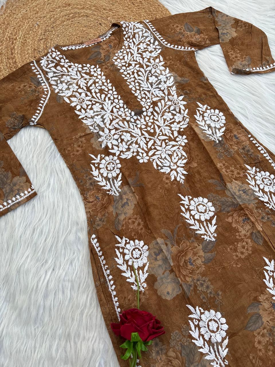 Zaina Pure Mulmul Chikankari Handwork Kurti - Mustard Colour