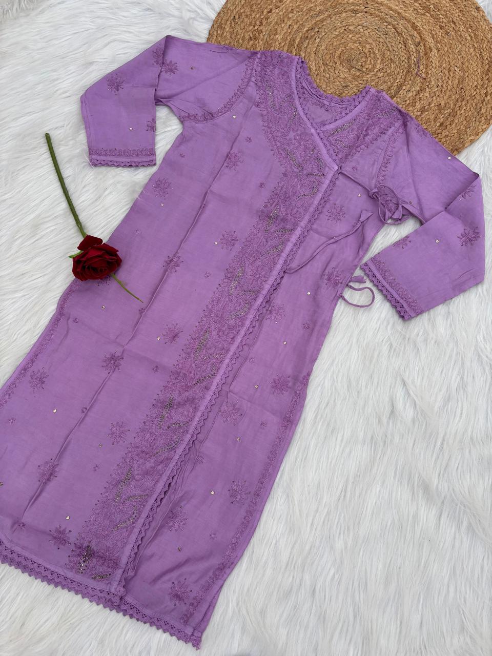 Naaz Chanderi Angrakha style Chikankari Kurti with Mukaish work - Purple Color