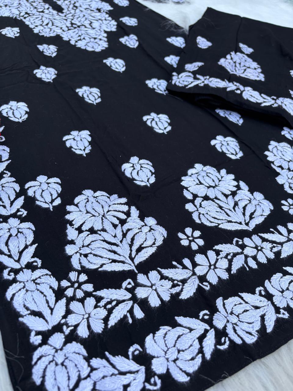 Rida Rayon Handwork Chikankari Kurti Set -Black White Colour