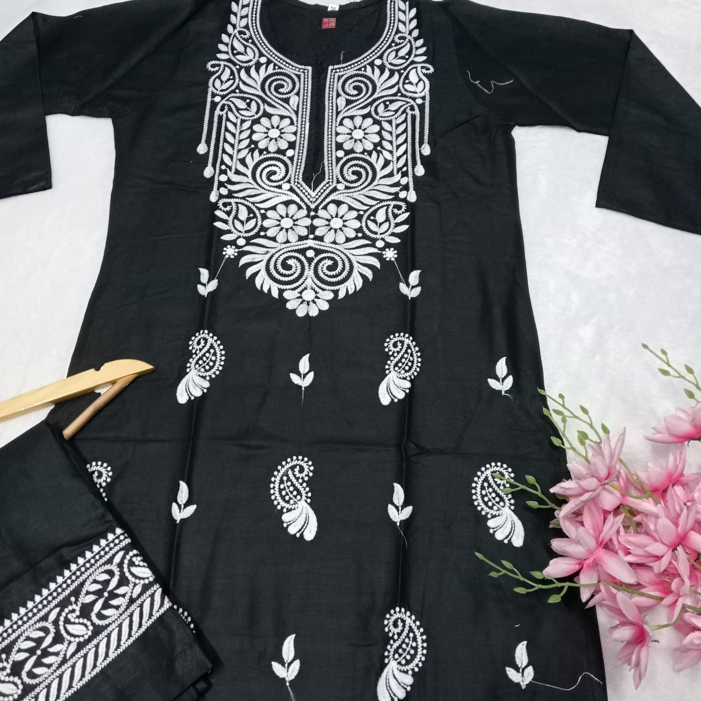 Rayon Chikankari Machine Work  Kurti Plazo Set- Black Colour