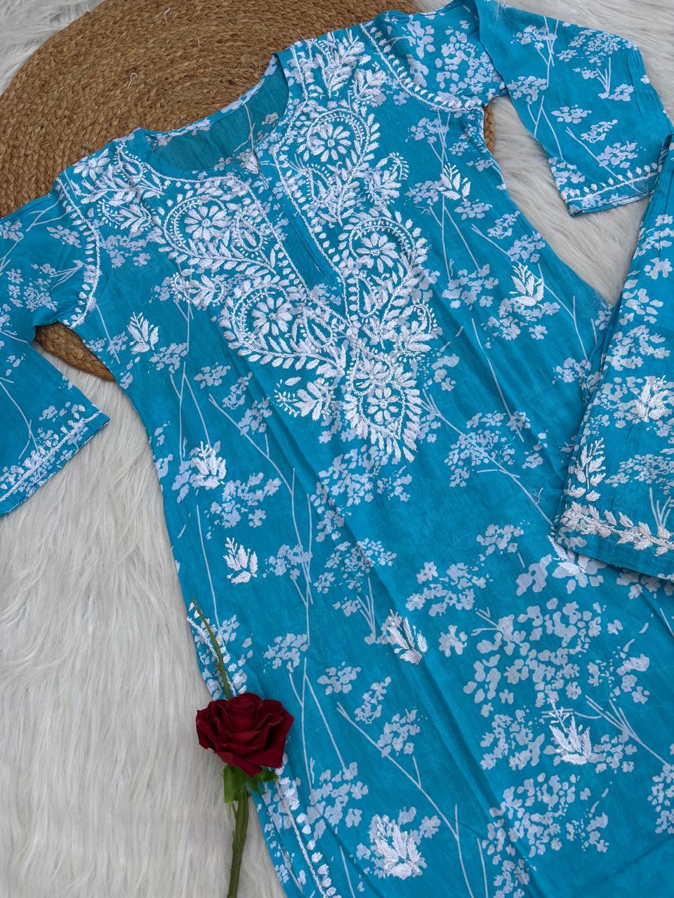 Jiya Mulmul Cotton Handwork Chikankari Kurti Set - Blue Colour