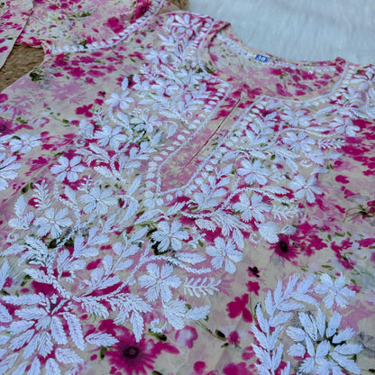 Fatima Pure Mulmul Chikankari  Handwork Kurti - Pink Colour