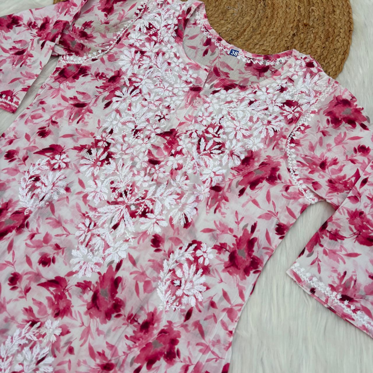 Amara Pure Mulmul Chikankari  Handwork Kurti -Pink Colour